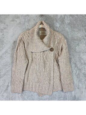 Aran Sweater Market Cardigan Womens M Beige Merino Wool Cowl Neck Cable Knit